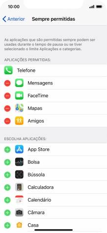 Prima o ícone para remover junto da app pretendida para a remover da lista de apps permitidas durante o Tempo de pausa.