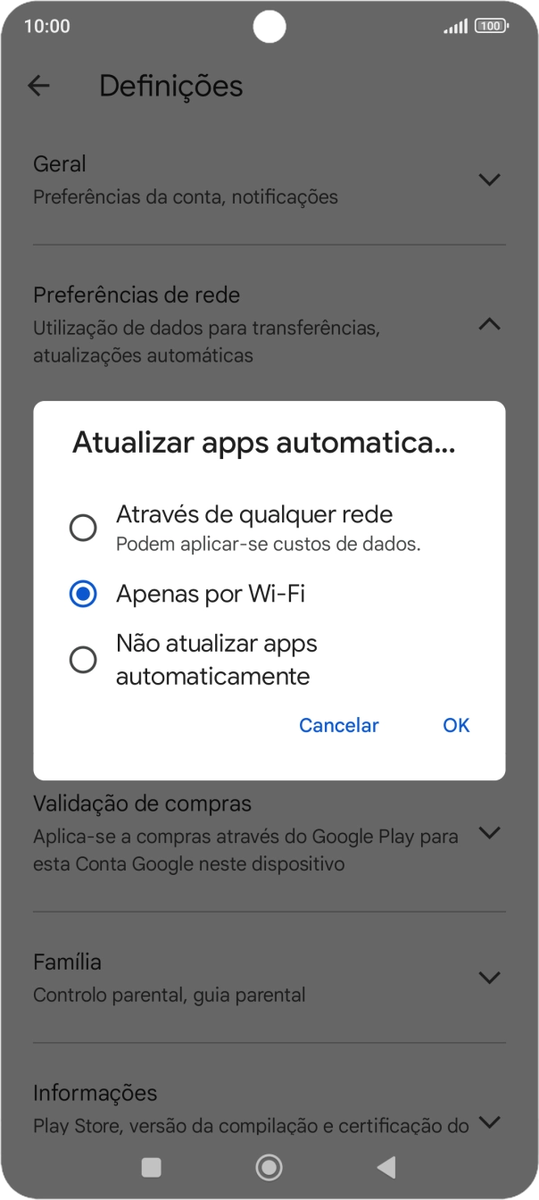 Para ativar a atualização automática de apps via redes móveis, prima Através de qualquer rede.