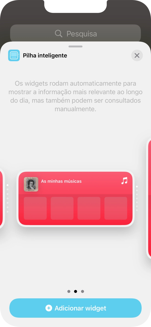 Para escolher a dimensão pretendida para o widget, deslize o dedo para a direita ou para a esquerda sobre o ecrã.
