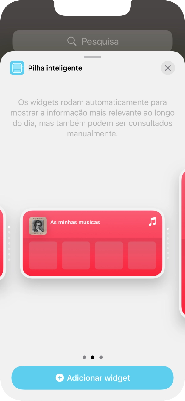 Para escolher a dimensão pretendida para o widget, deslize o dedo para a direita ou para a esquerda sobre o ecrã.