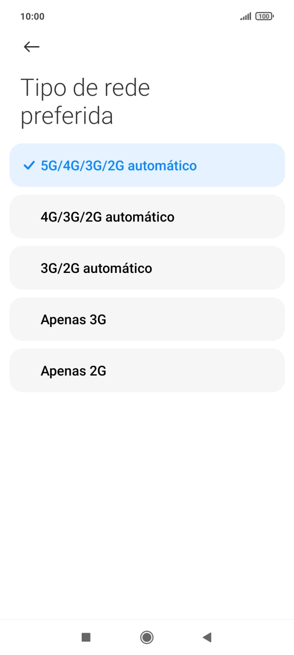 Prima o tipo de rede pretendido.
