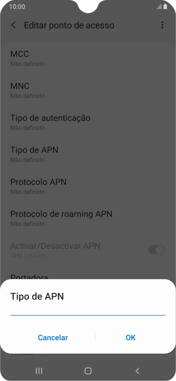 Introduza default e prima OK.