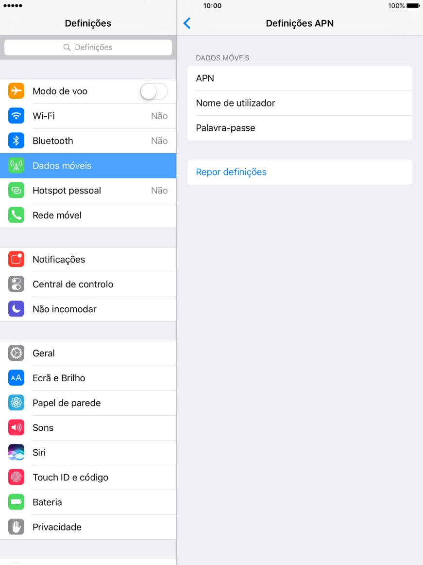 Prima APN e insira net2.vodafone.pt.