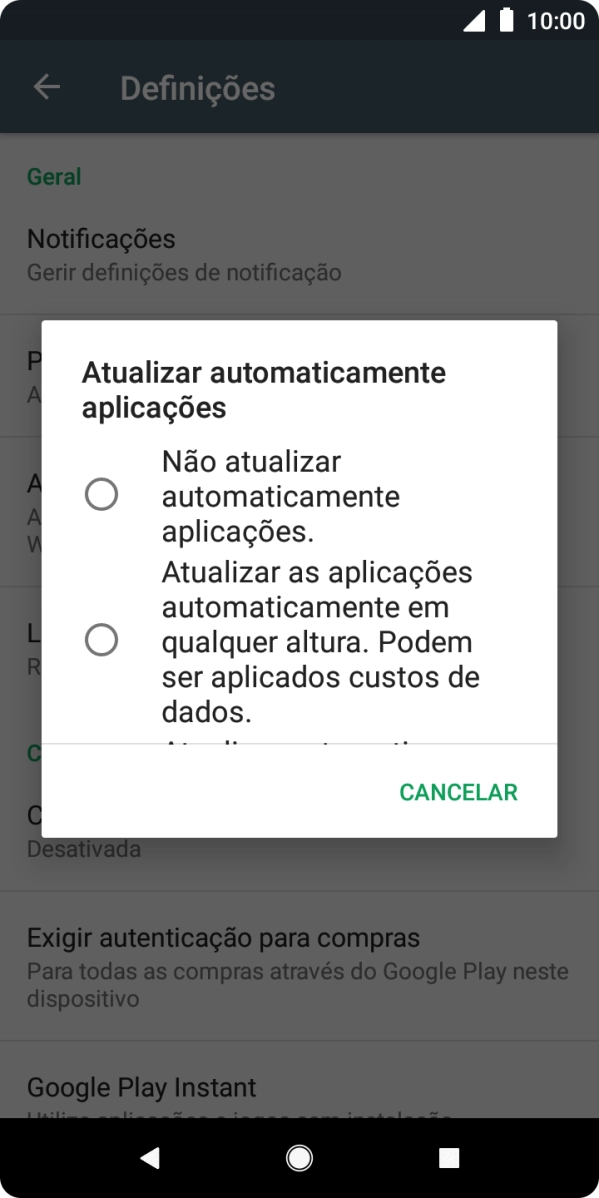 Para desativar a atualização automática de apps, prima Não atualizar automaticamente aplicações..