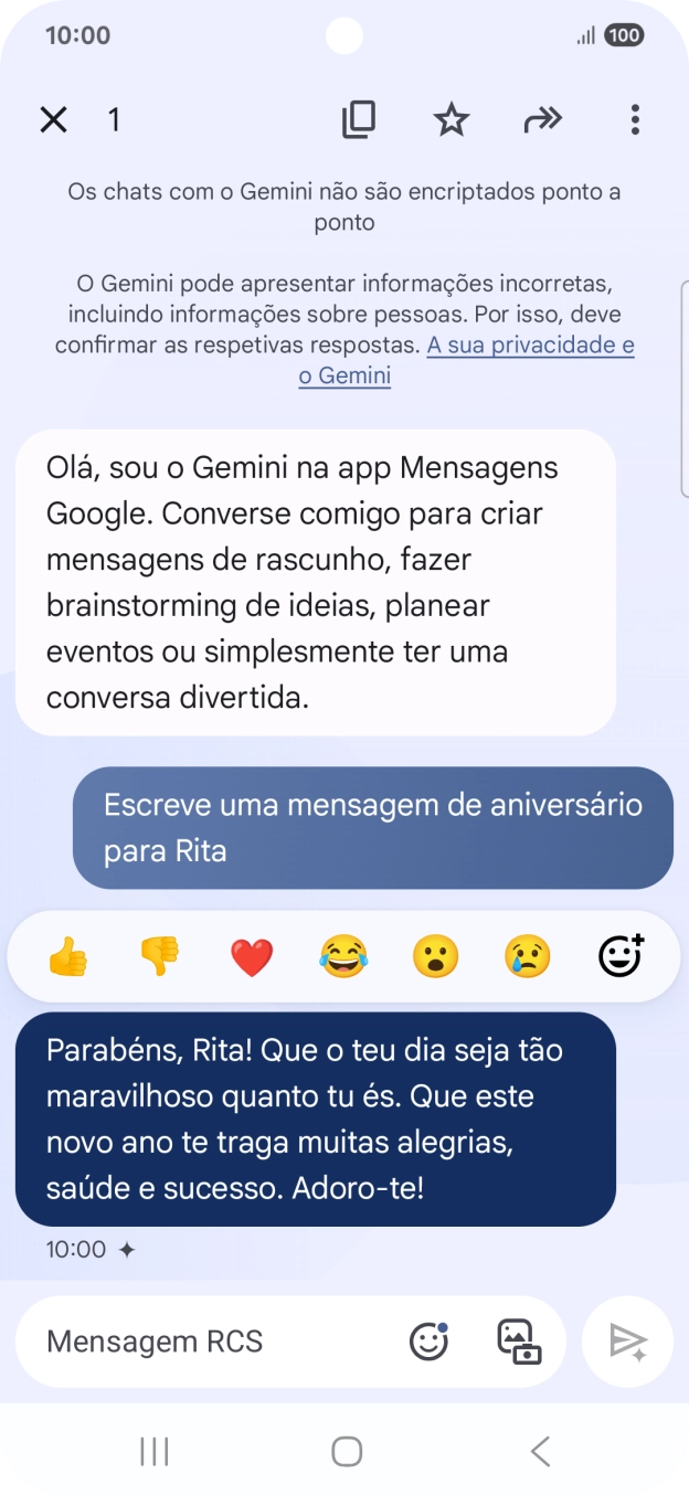 Mantenha premida por um momento a sugestão de texto da Gemini. Siga as indicações no ecrã  para utilizar a sugestão de texto.