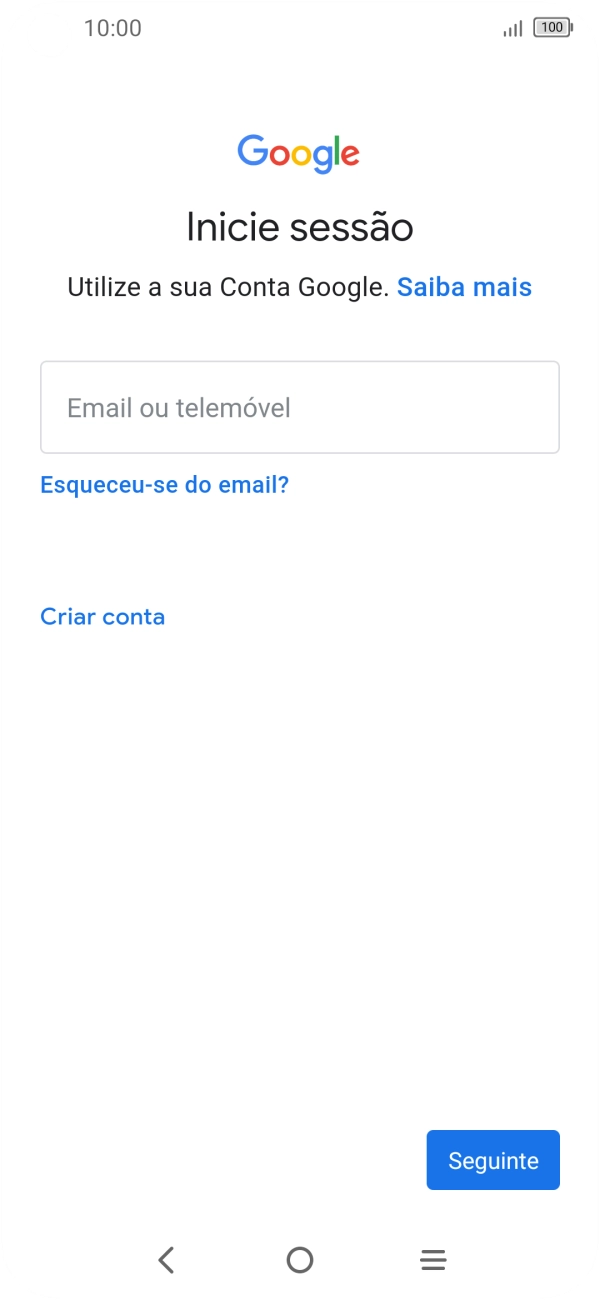 Se não tiver uma conta Google, prima Criar conta e siga as indicações no ecrã para criar uma conta.