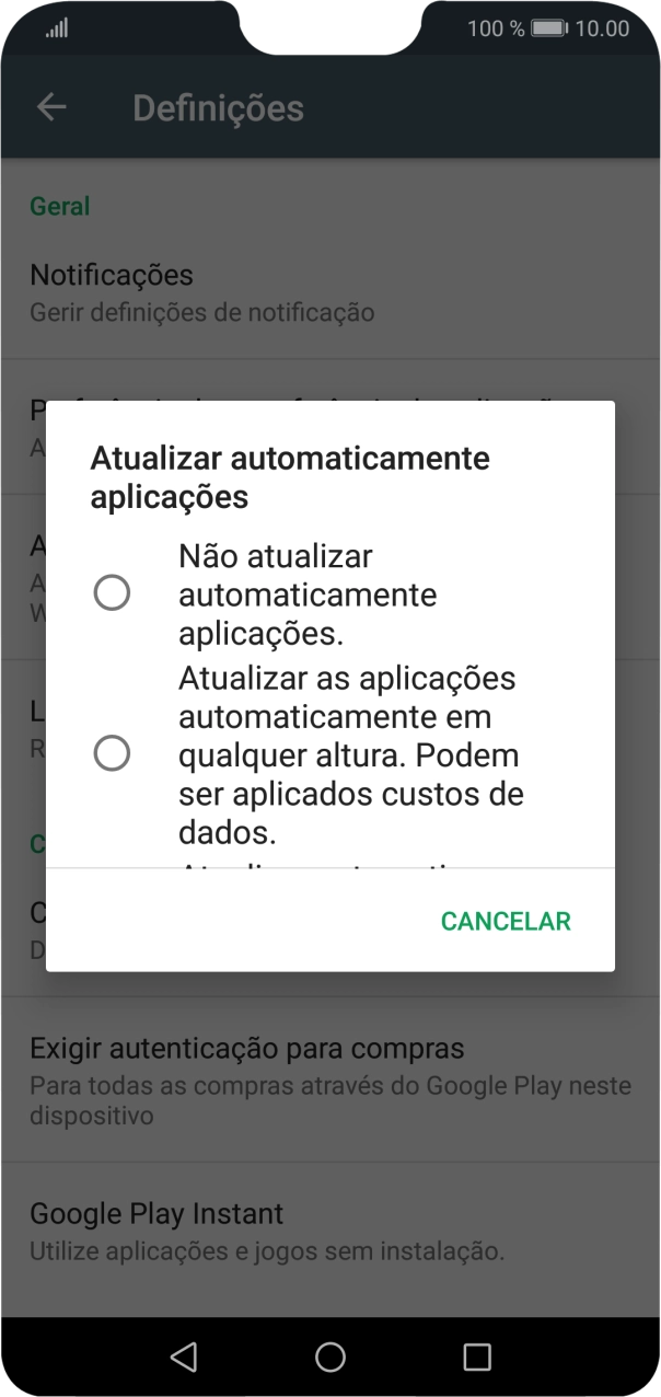 Para desativar a atualização automática de apps, prima Não atualizar automaticamente aplicações..