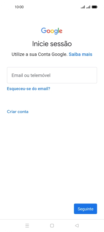 Se não tiver uma conta Google, prima Criar conta e siga as indicações no ecrã para criar uma conta.
