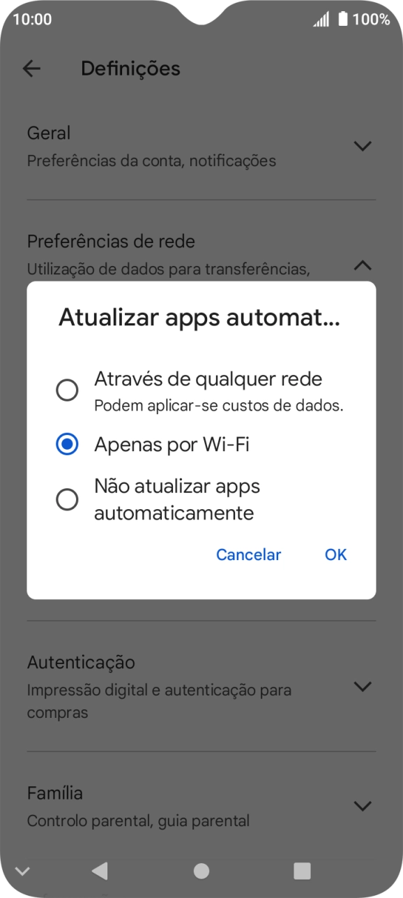 Para ativar a atualização automática de apps via redes móveis, prima Através de qualquer rede.