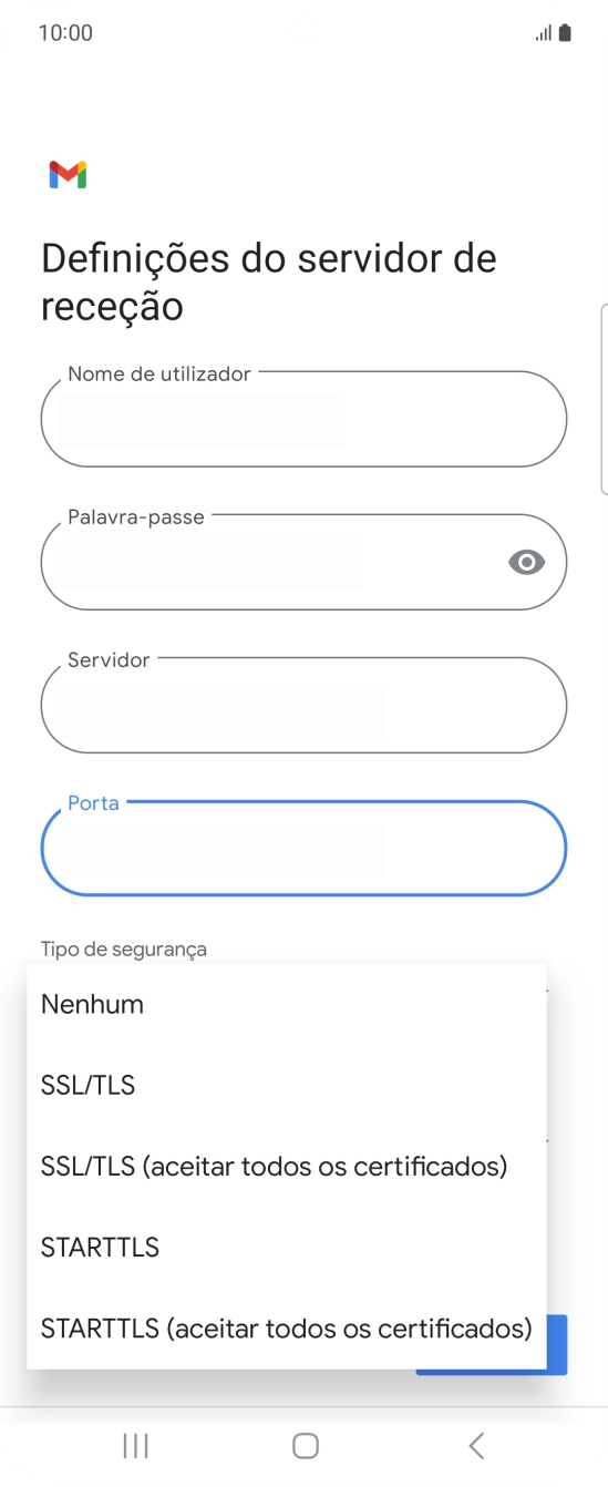 Prima SSL/TLS para ativar a função.