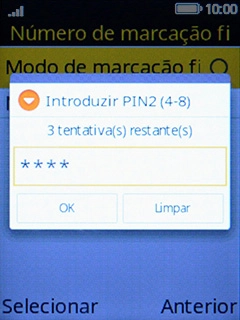 Introduza o código PIN2 e prima a tecla esquerda de seleção.