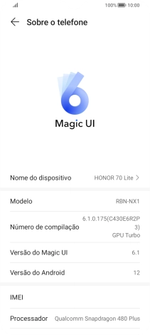 O código IMEI é mostrado no ecrã.