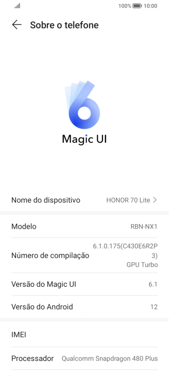 O código IMEI é mostrado no ecrã.