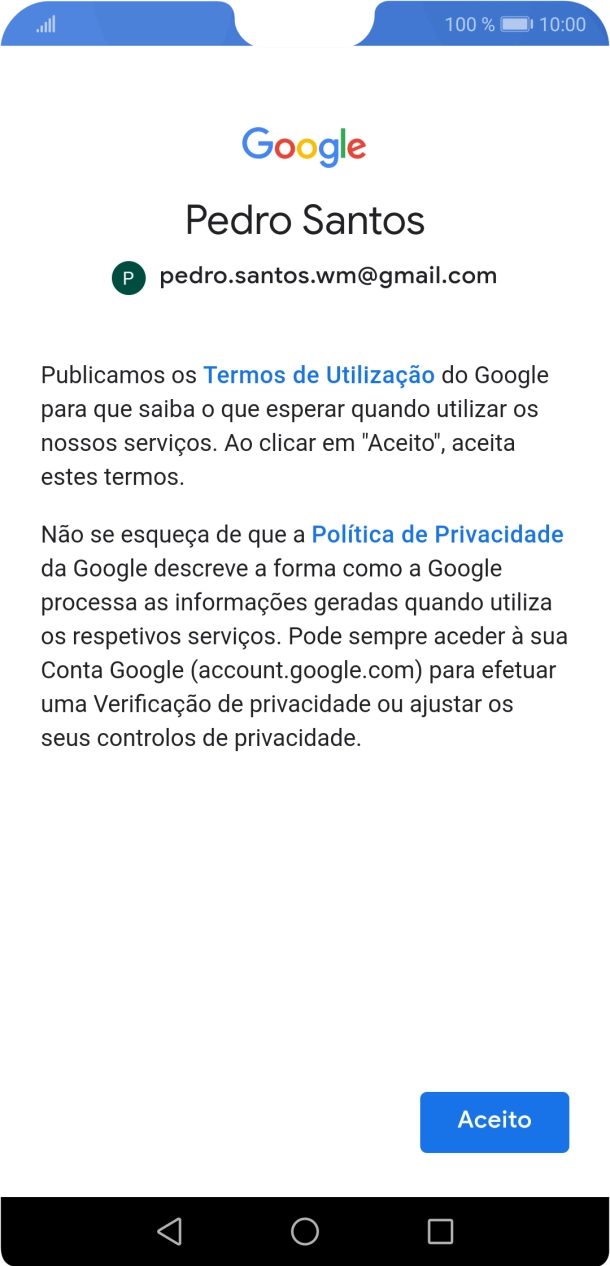 Prima Aceito e siga as indicações no ecrã para escolher as definições da conta Google.