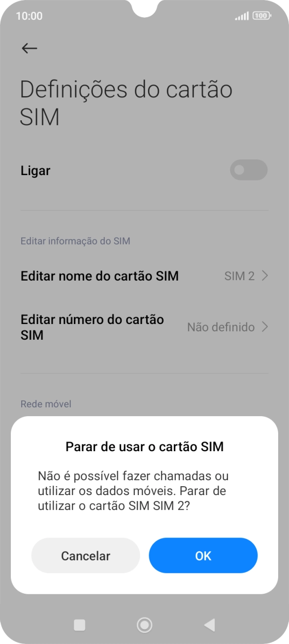 Para desativar a utilização do cartão SIM, prima OK.