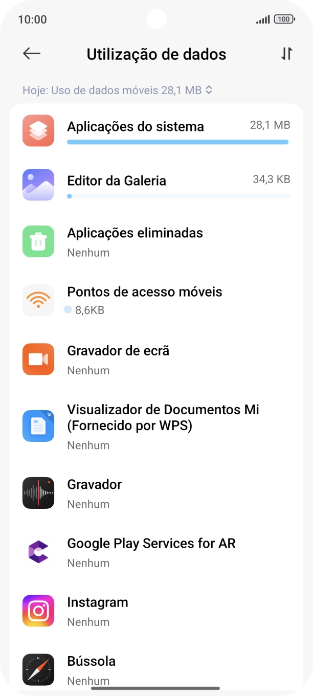 O consumo de dados de cada aplicação é mostrado sob o nome da aplicação.