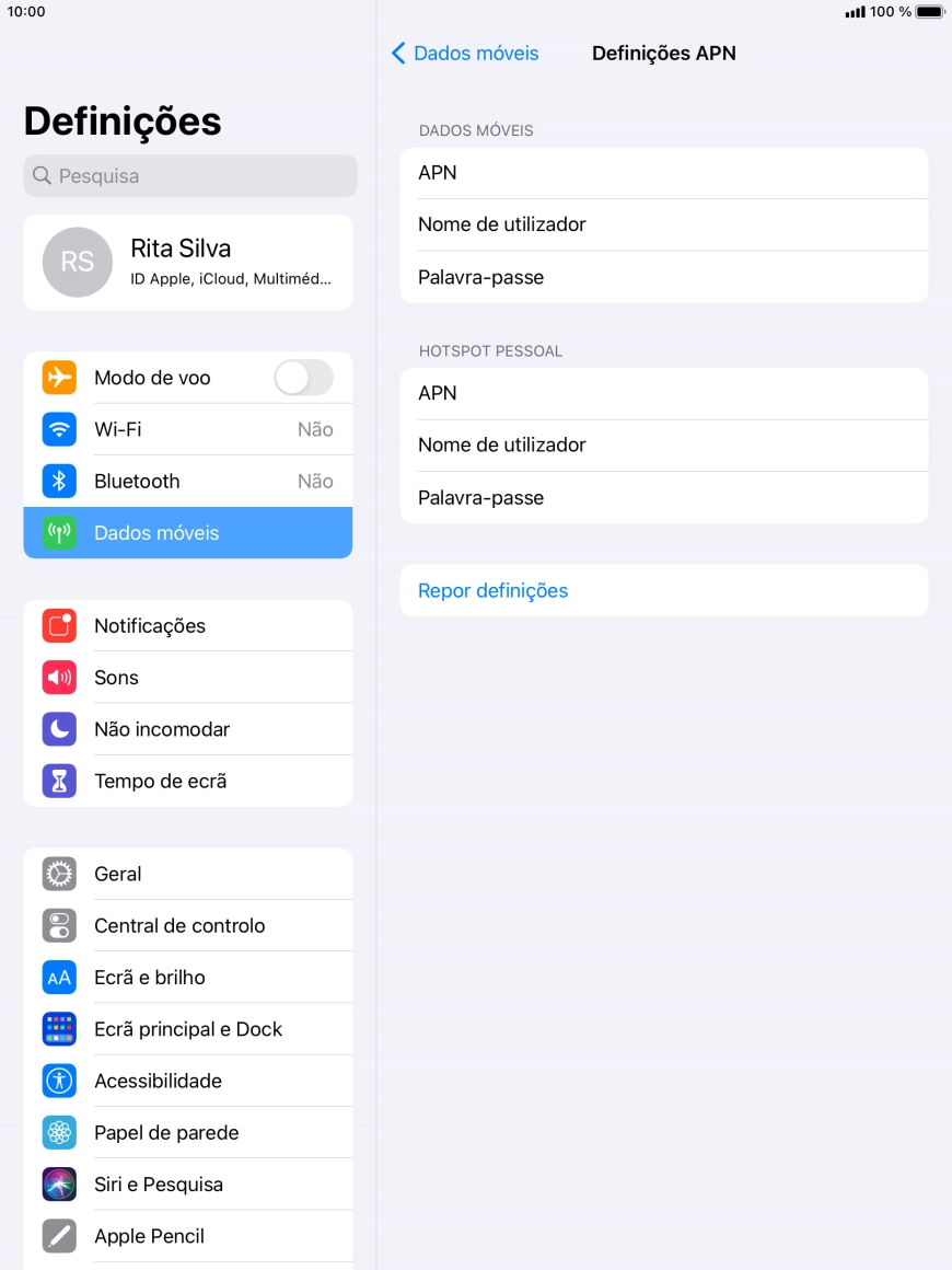 Prima APN e insira net2.vodafone.pt.
