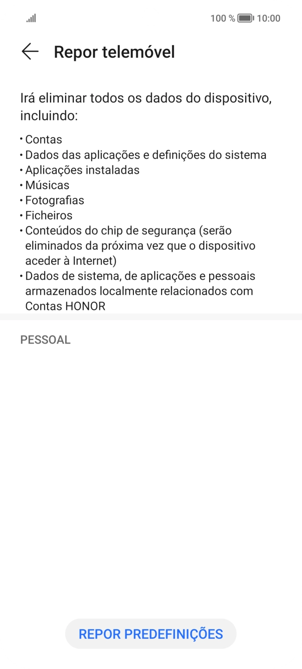 Prima REPOR PREDEFINIÇÕES.