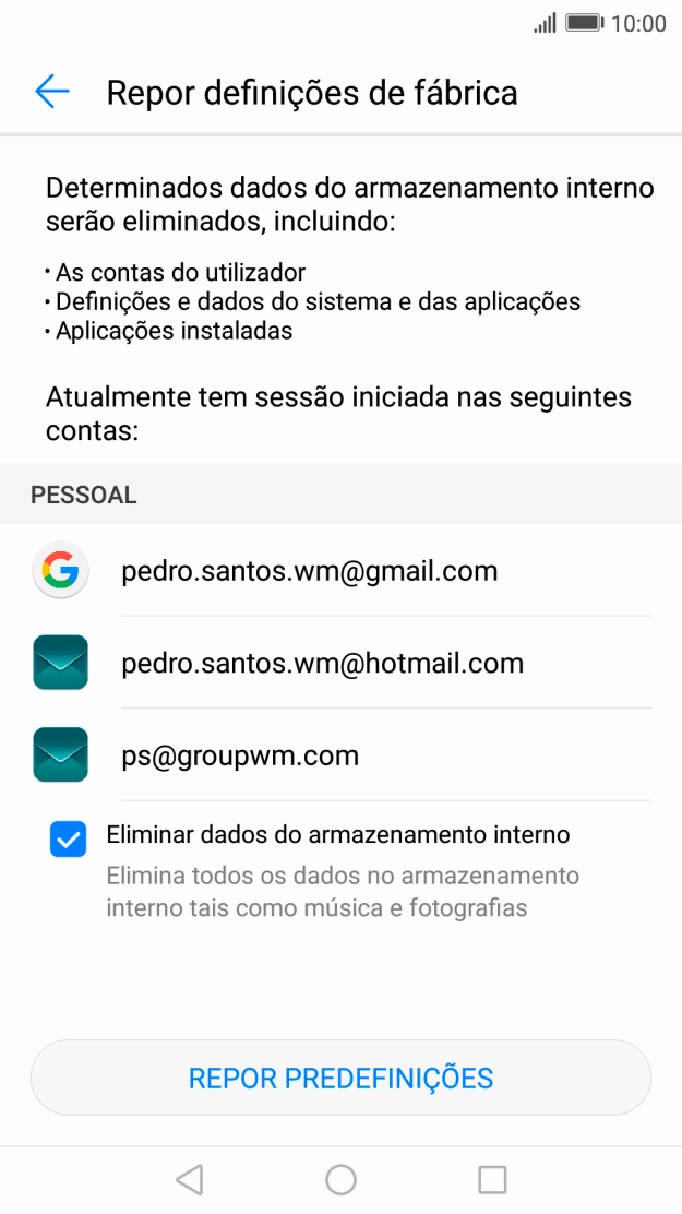 Prima REPOR PREDEFINIÇÕES.