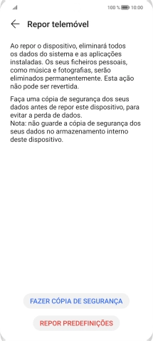 Prima REPOR PREDEFINIÇÕES. Aguarde um momento enquanto o telefone restabelece as definições originais. Siga as indicações no ecrã para configurar o telefone de modo que este fique pronto a ser utilizado.