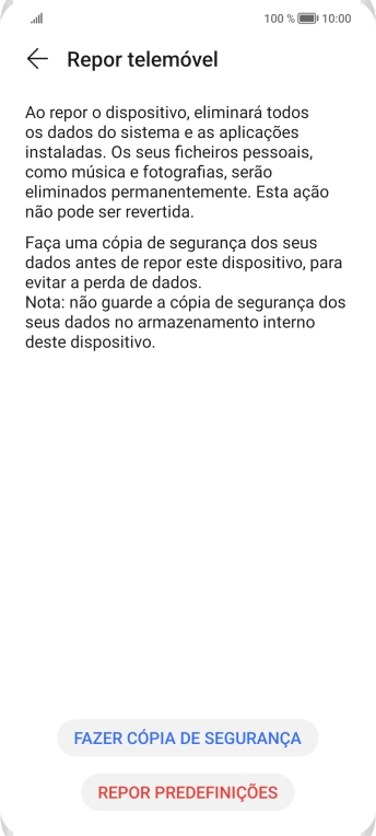 Prima REPOR PREDEFINIÇÕES. Aguarde um momento enquanto o telefone restabelece as definições originais. Siga as indicações no ecrã para configurar o telefone de modo que este fique pronto a ser utilizado.