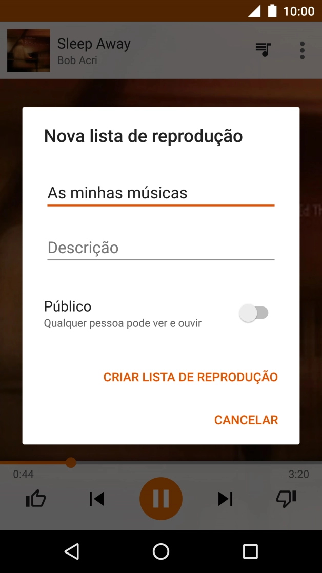 Introduza o nome pretendido para a lista de reprodução e prima CRIAR LISTA DE REPRODUÇÃO.