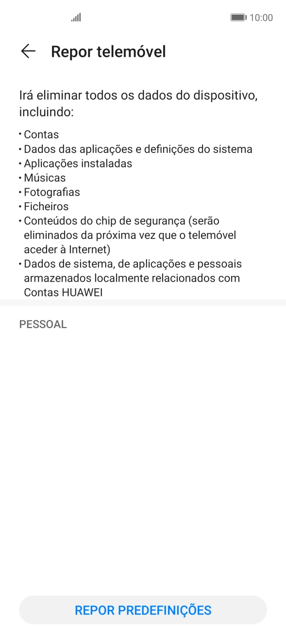 Prima REPOR PREDEFINIÇÕES.