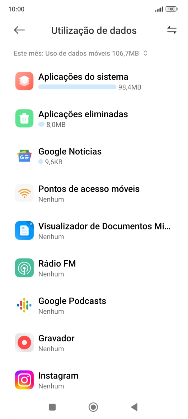 O consumo total de dados para o período escolhido é agora mostrado no ecrã.