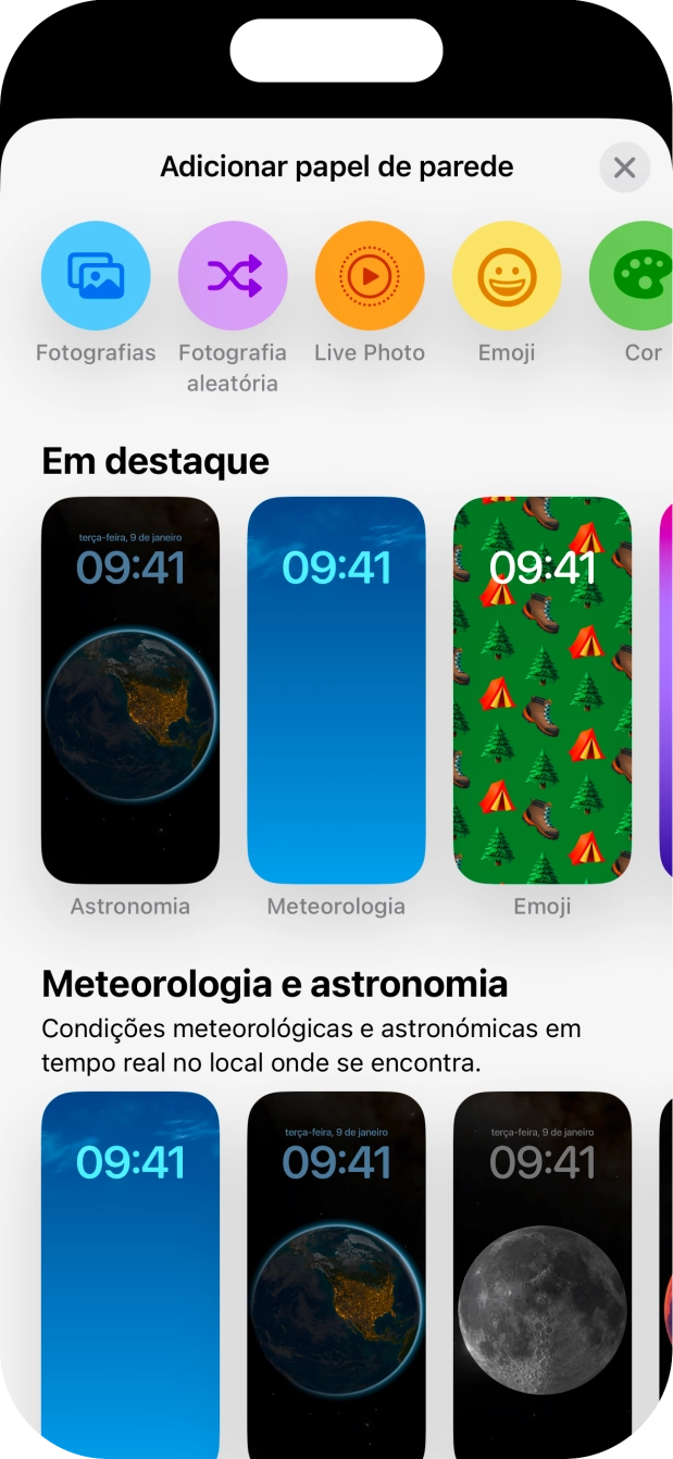 Prima a categoria pretendida e siga as indicações no ecrã para escolher a imagem de fundo pretendida.