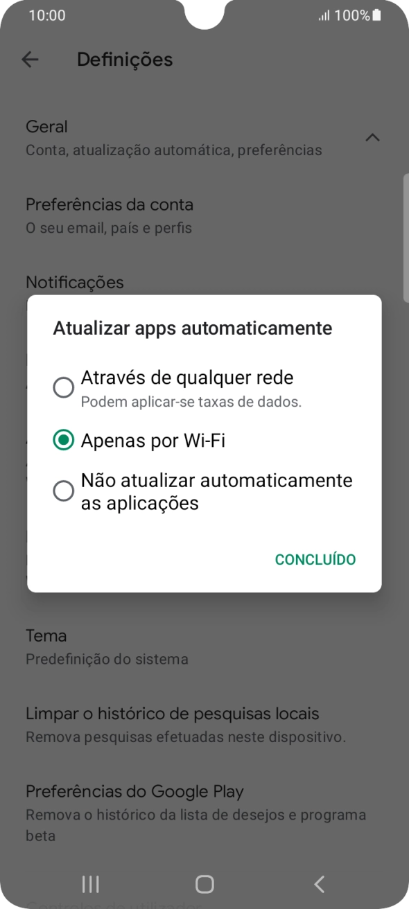 Para ativar a atualização automática de apps via redes móveis, prima Através de qualquer rede.