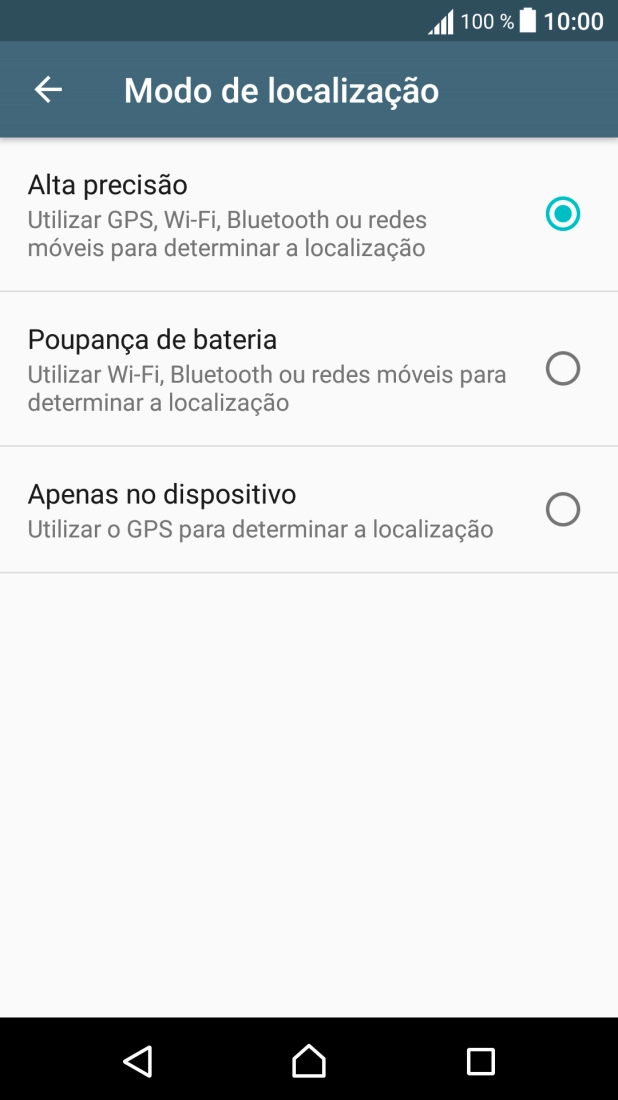 Se escolher Alta precisão, o telefone irá encontrar a sua localização precisa utilizando os satélites GPS, a rede móvel e as redes Wi-Fi  nas proximidades. A navegação por satélite GPS requer vista livre ao céu.
