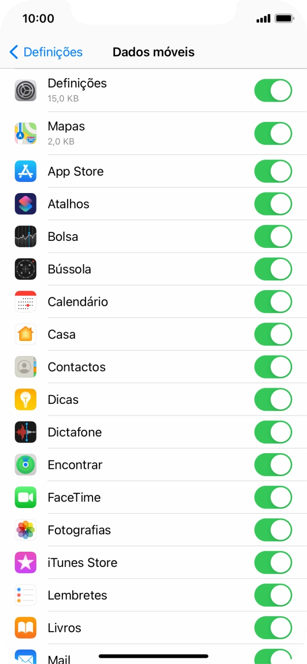 Prima o indicador junto das aplicações pretendidas para ativar ou desativar a função.