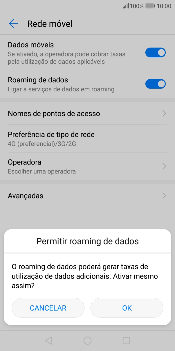 Para ativar o roaming de dados, prima OK.