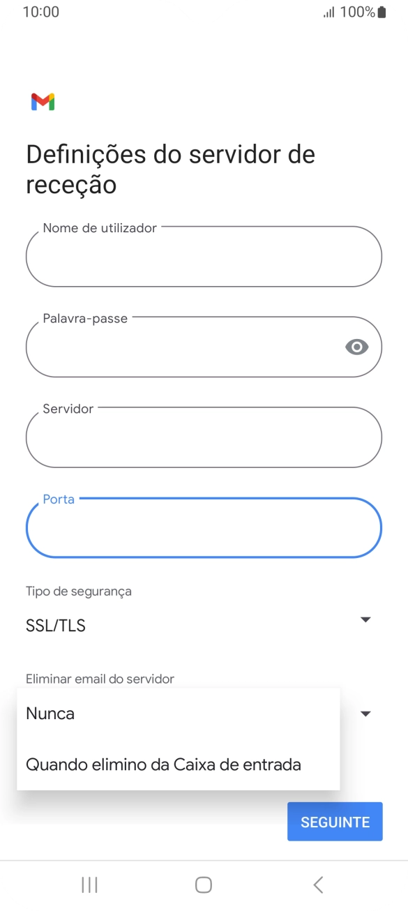 Prima Nunca para manter os e-mails no servidor quando estes são apagados no telefone.