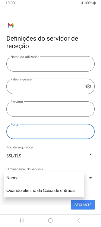 Prima Nunca para manter os e-mails no servidor quando estes são apagados no telefone.