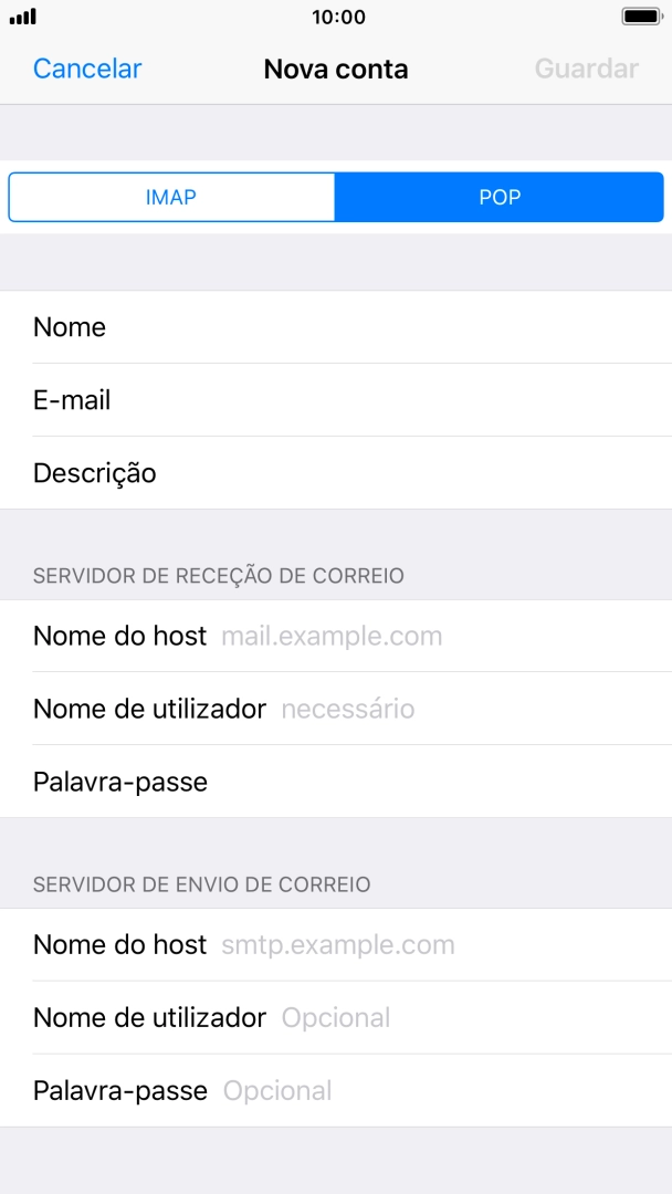 Prima Nome do host e introduza o nome do servidor de receção do fornecedor de e-mail.