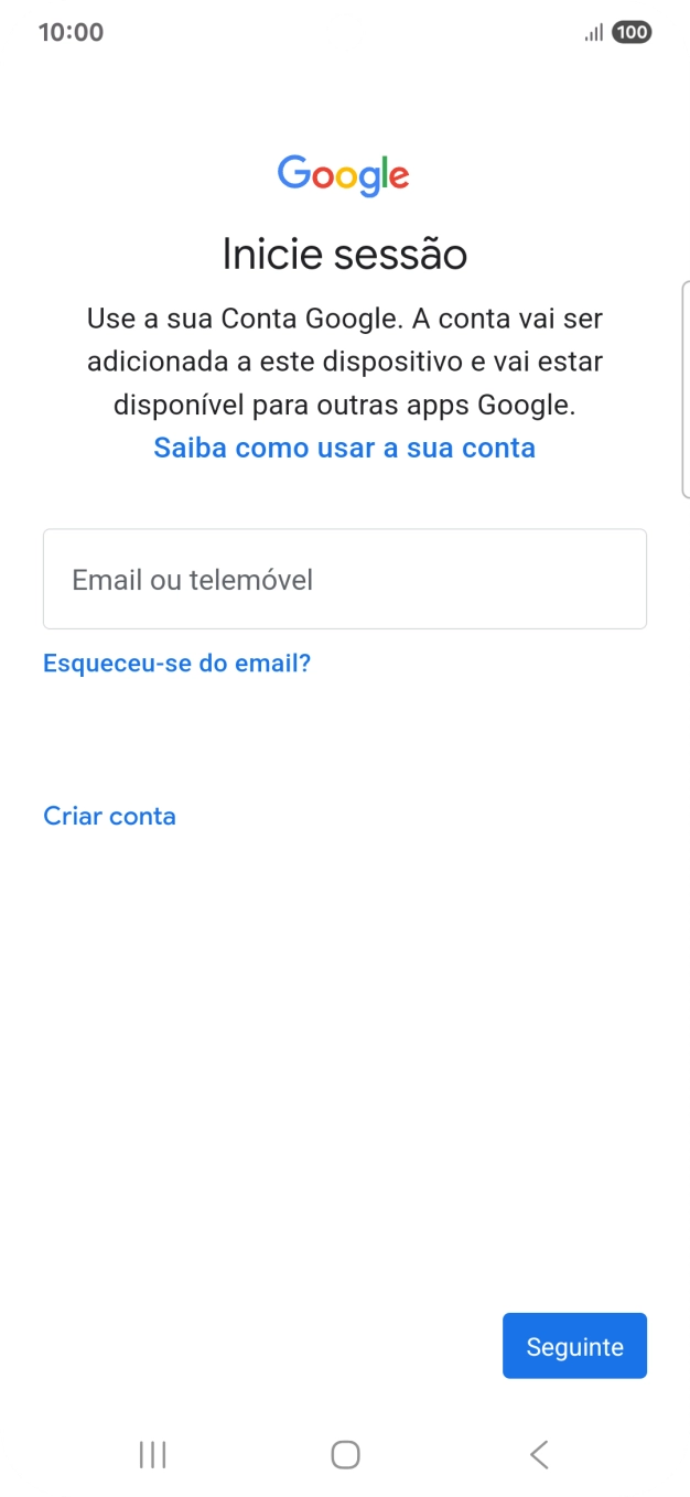 Se não tiver uma conta Google, prima Criar conta e siga as indicações no ecrã para criar uma conta.
