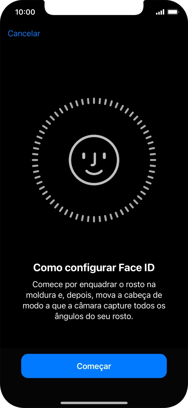 Prima Começar e siga as indicações no ecrã para estabelecer um código de reconhecimento facial (Face ID).