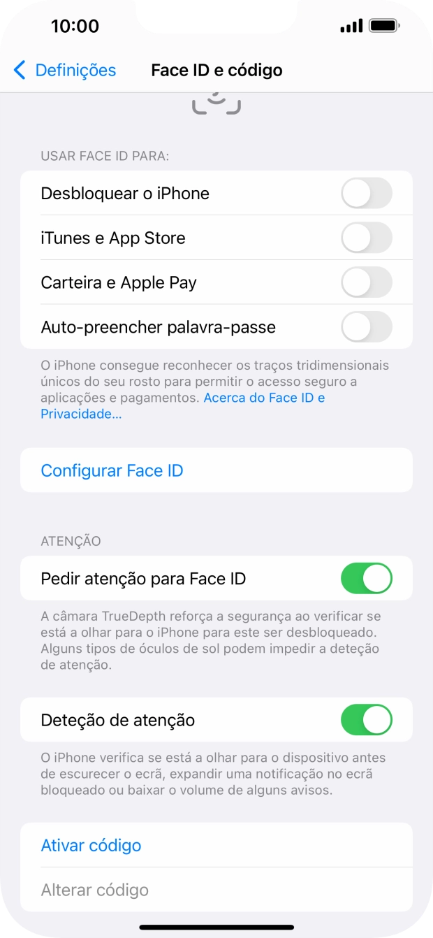 Prima Ativar código e introduza um código de bloqueio do telefone à escolha duas vezes de seguida.