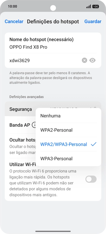 Prima WPA3-Personal para proteger o hotspot Wi-Fi com uma password.