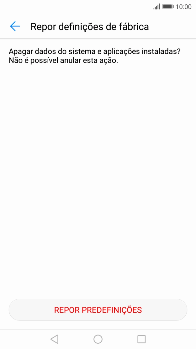 Prima REPOR PREDEFINIÇÕES. Aguarde um momento enquanto o telefone restabelece as definições originais. Siga as indicações no ecrã para configurar o telefone de modo que este fique pronto a ser utilizado.
