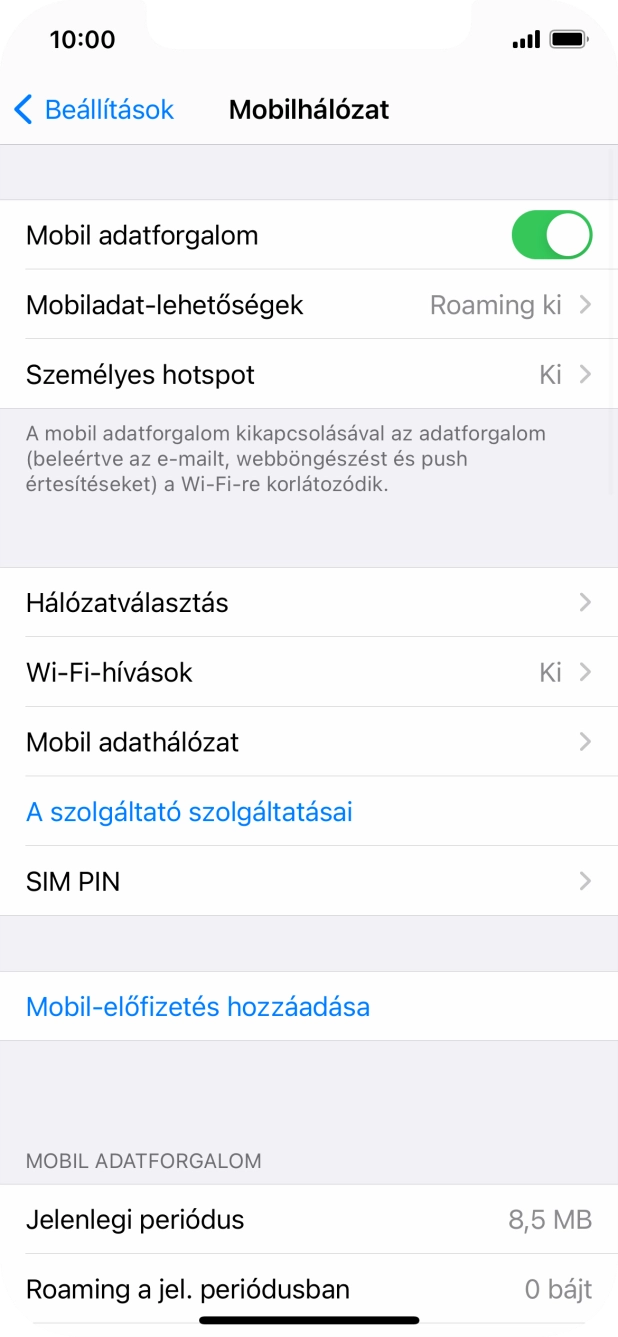 Válaszd a  Mobiladat-lehetőségek lehetőséget.