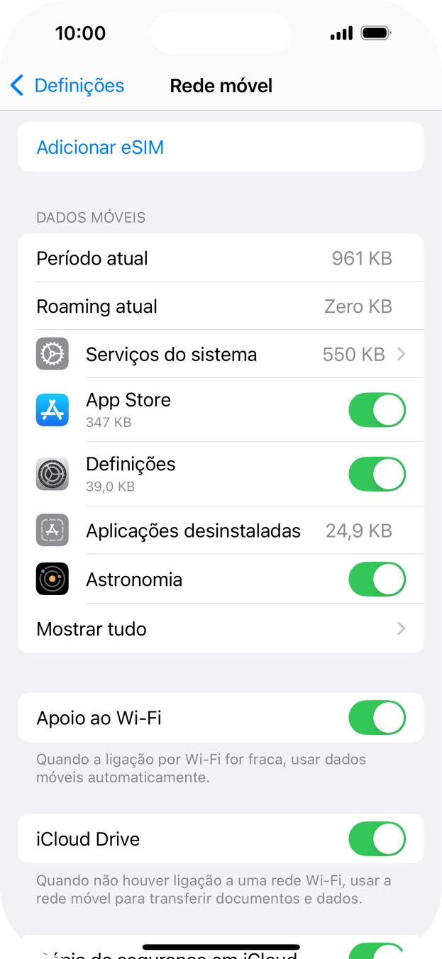 O consumo total de dados é mostrado junto a Período atual.