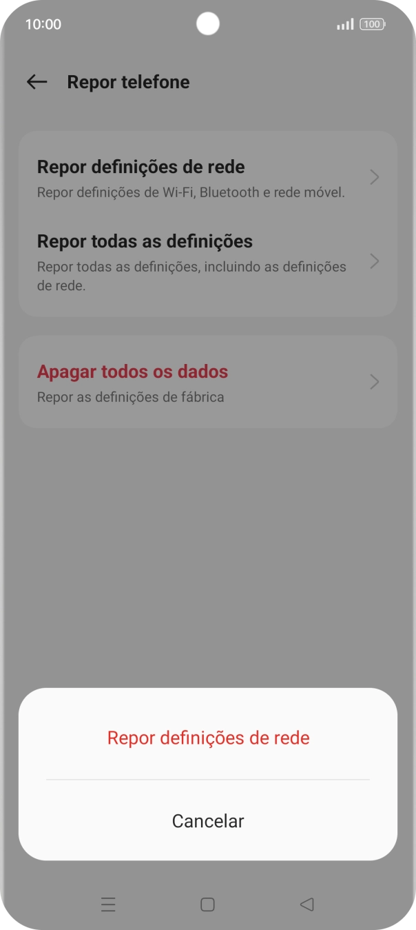 Prima Repor definições de rede.