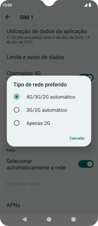 Prima o tipo de rede pretendido.