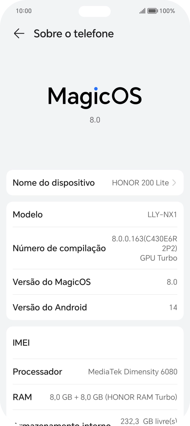 O código IMEI é mostrado no ecrã.