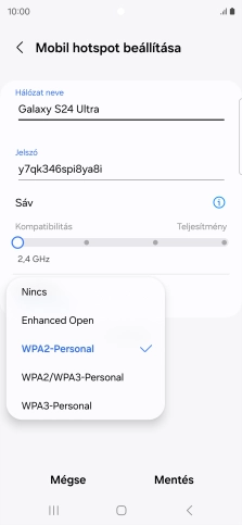 Válaszd a WPA3-Personal lehetőséget, ha jelszóval szeretnéd védeni a Wi-Fi hotspotodat.