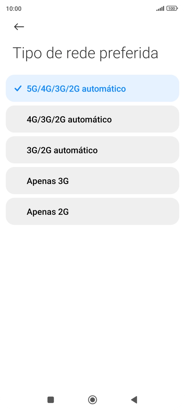 Prima o tipo de rede pretendido.