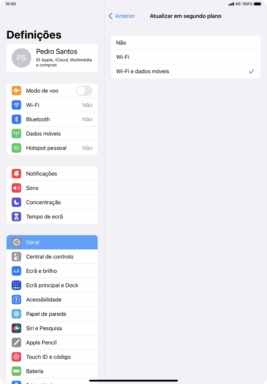 Para desativar a atualização de apps em segundo plano, prima Não.