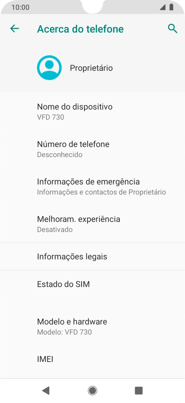 O código IMEI é mostrado no ecrã.